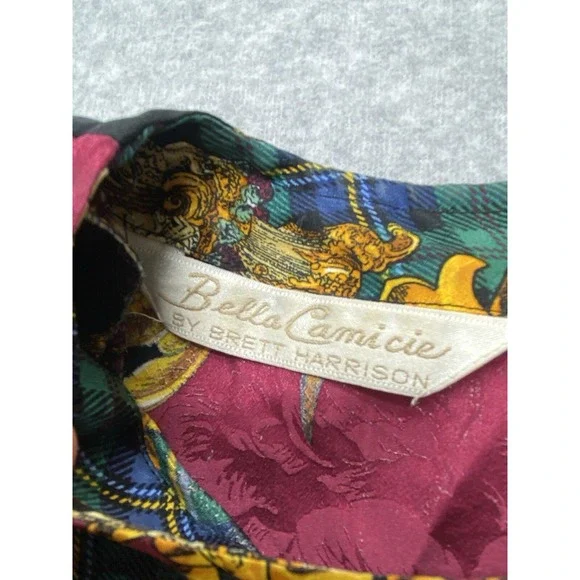 Vintage Bells Camice‎ Womens Blouse Large 12 Silk Baroque Chain Plaid 90s Preppy - Picture 4 of 13